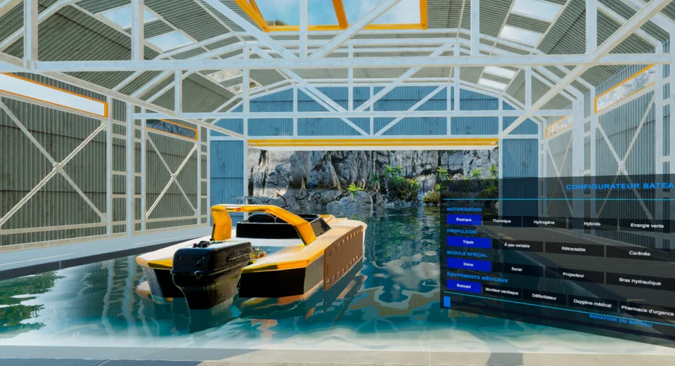Un configurateur 3D en réalité virtuelle pour faire varier la motorisation et les équipements d'un bateau, conçu pour un hackathon étudiant.