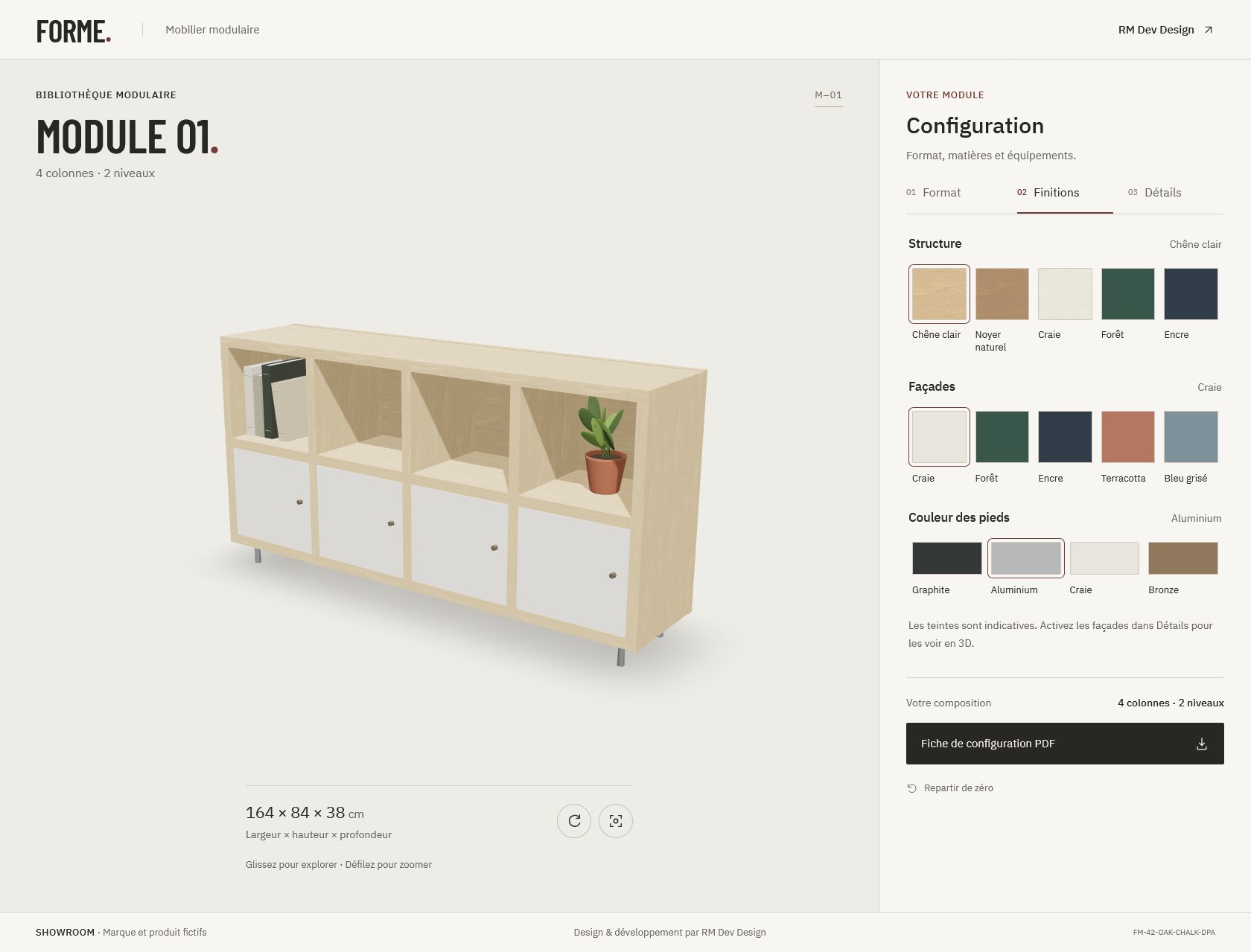 FORME : meuble à quatre colonnes et choix des finitions dans le configurateur 3D